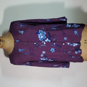 J. Jill Size M Tunic Top Blouse Button Down Purple Blue Floral Pearl 3/4 Sleeve